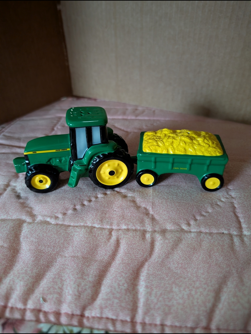 John Deere Green and Yellow Tractor with Green Trailer Salt and Pepper Shakers